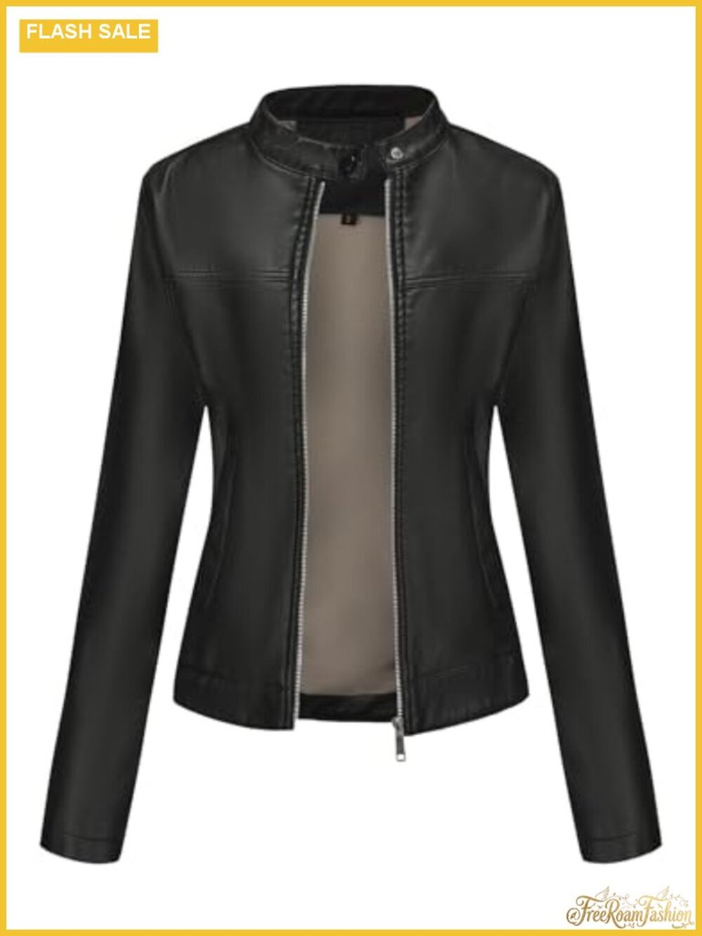 Faux Leather Jacket Women Moto Biker Slim Fit Zip Pockets Outwear Coat